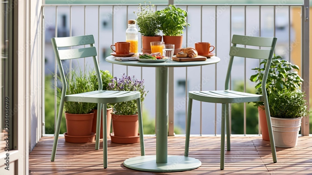 Fototapeta premium Relaxing balcony breakfast scene with greenery
