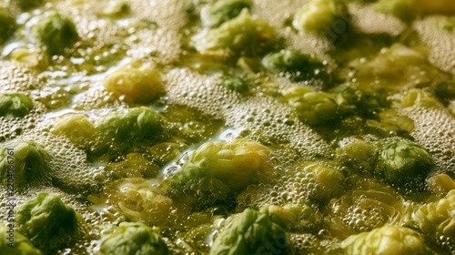 Close-up of fresh green hop cones boiling in a bubbling beer wort during the artisanal craft brewing process.