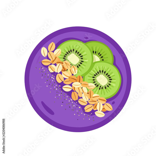 Healthy Acai Berry Smoothie Bowl Topped with Fresh Green Kiwi Slices and Whole Rolled Oats in a Purple Bowl, Top View Flat Lay Illustration for Healthy Breakfast Concept
