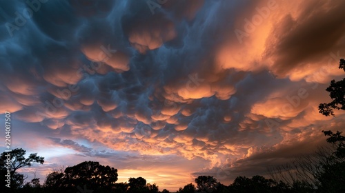 Dramatic mammatus clouds glowing in orange and blue light at sunset over silhouetted trees.