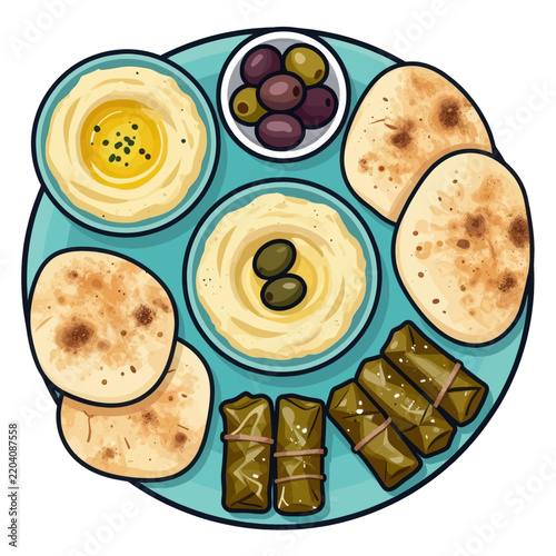 Delicious Middle Eastern Mezze Platter featuring creamy hummus with olive oil, stuffed grape leaves dolma, freshly baked pita bread, and assorted olives on a light blue background
