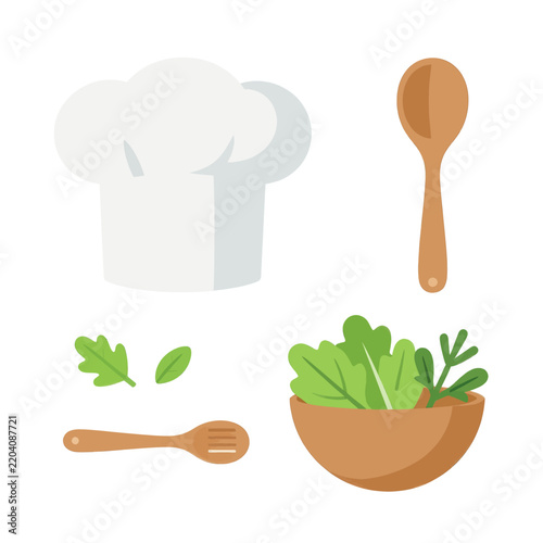 Set of Cooking Utensils and Fresh Green Salad in a Wooden Bowl with Chef Hat and Wooden Spoons Isolated on White Background for Culinary and Healthy Lifestyle Concept Illustration