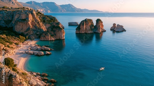 Scenic aerial view of the Tonnara di Scopello coastline with its iconic sea stacks and turquoise water at sunrise in Sicily, Italy