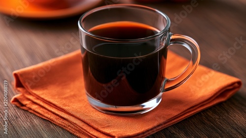 Freshly Brewed Black Coffee in a Glass Mug on an Orange Napkin
