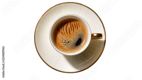 Elegant white coffee cup with golden rim and handle filled with dark espresso, isolated on transparent background