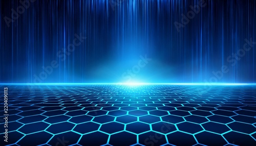 hexagon gaming background shiny blue futuristic background with 3d hexagonal floor futuristic digital landscape with glowing grid horizon cyber space high tech innovation and data systems