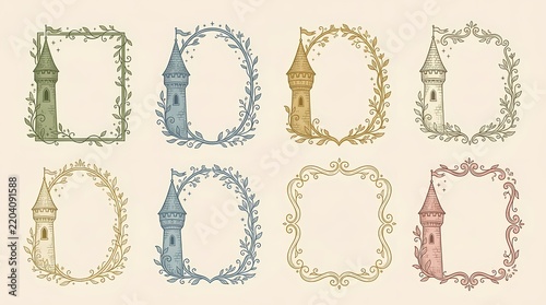 Set of eight whimsical fairytale castle frames featuring decorative floral foliage and hand drawn architecture motifs suitable for festive invitations scrapbooking projects or magical storybook