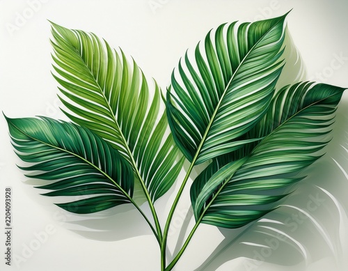 green tropical branch palm leaf with shadow on white background