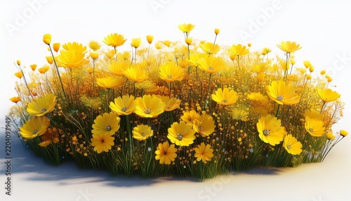 vibrant yellow flowery blossoming meadow isolated on white backgrounds 3d rendering