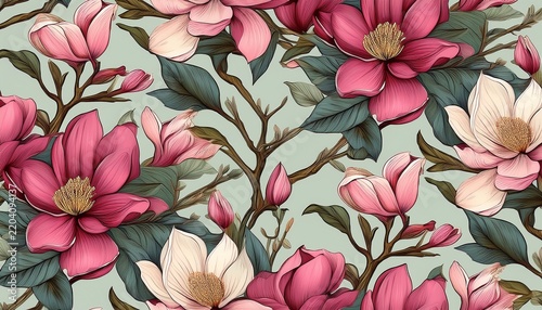 seamless floral pattern background with hand drawn tropical japanese flowers magnolia flowers spring branches perfect for wallpapers web page backgrounds surface textures textiles