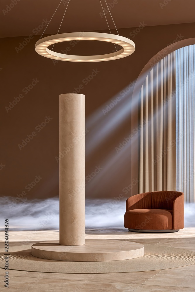 Obraz premium Tall beige column on circular base under modern ring light, with brown armchair and sunbeams through arched window in minimalist interior