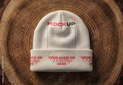 Knitted Beanie Design Mockup on Wood Circular Surface
