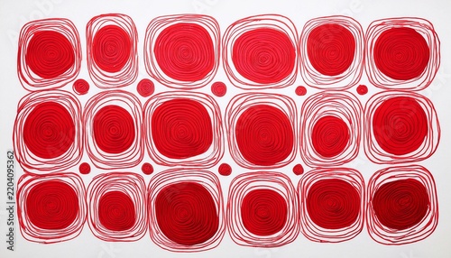 red hand drawn circles and squares pattern on white background