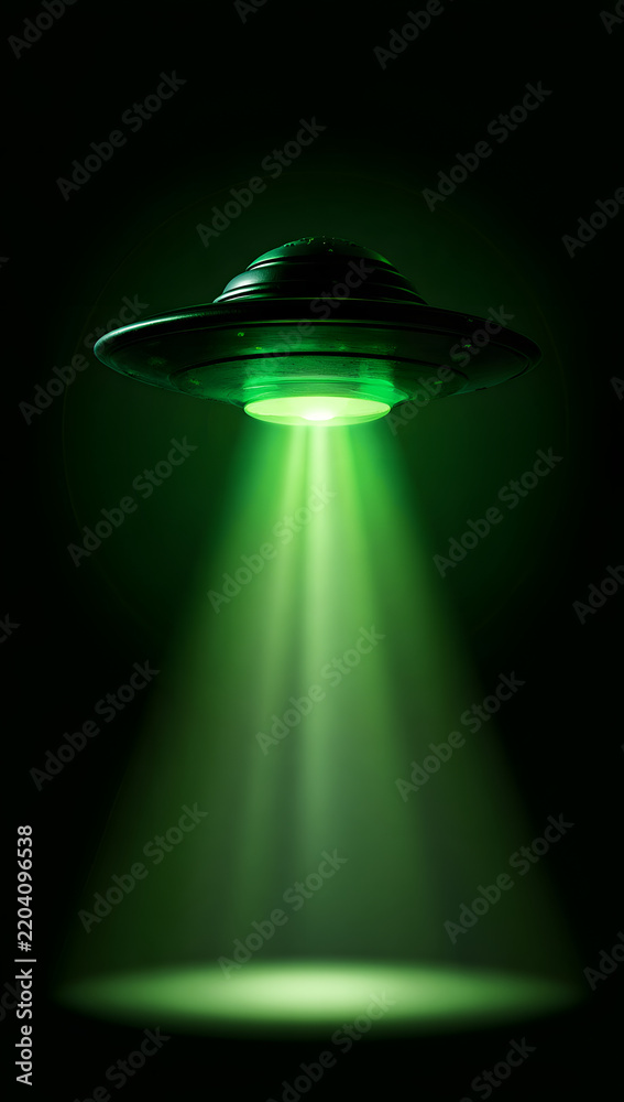 Fototapeta premium A retrograde UFO casting a green beam onto a dark background