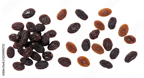 Top view of organic dried raisins isolated on a white transparent background for food recipes and healthy snacking concepts