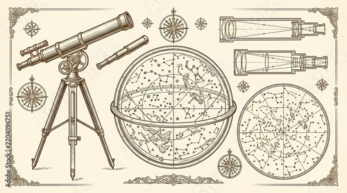 Vintage Astronomical Equipment Including A Traditional Brass Telescope And Detailed Celestial Star Charts Designed To Represent Historic Scientific Discovery Methods Used By Ancient Explorer