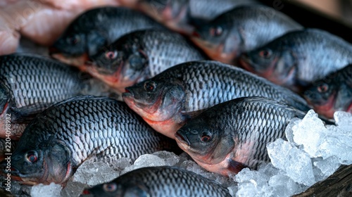 Fresh Raw Tilapia Fish for Sale on Bed of Ice at a Seafood Market