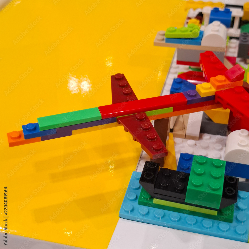 Obraz premium Airplane model structure built from plastic interlocking brick toys on display on September 22, 2026 in Bangkok, Thailand 
