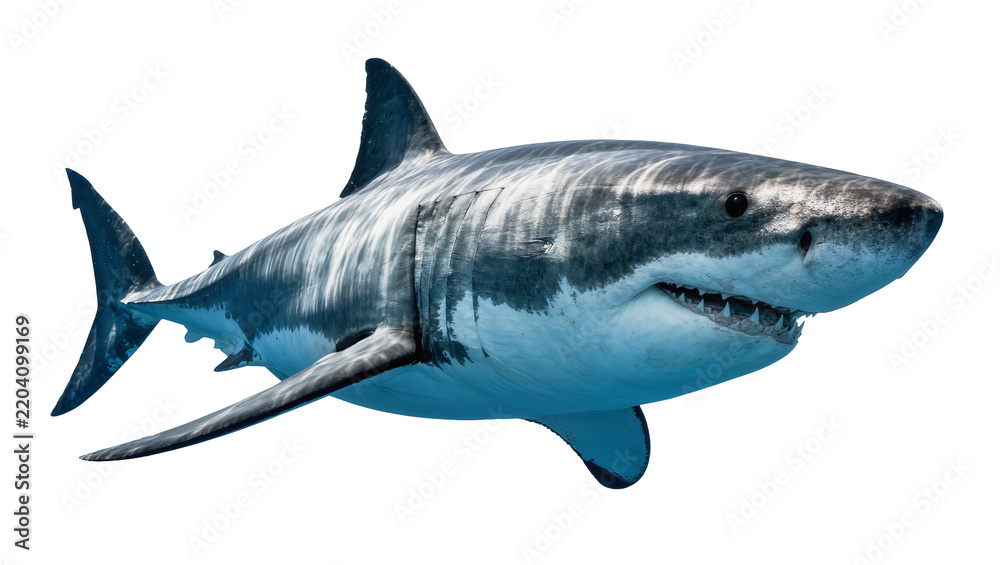 Obraz premium Great white shark with sharp teeth, isolated on transparent background