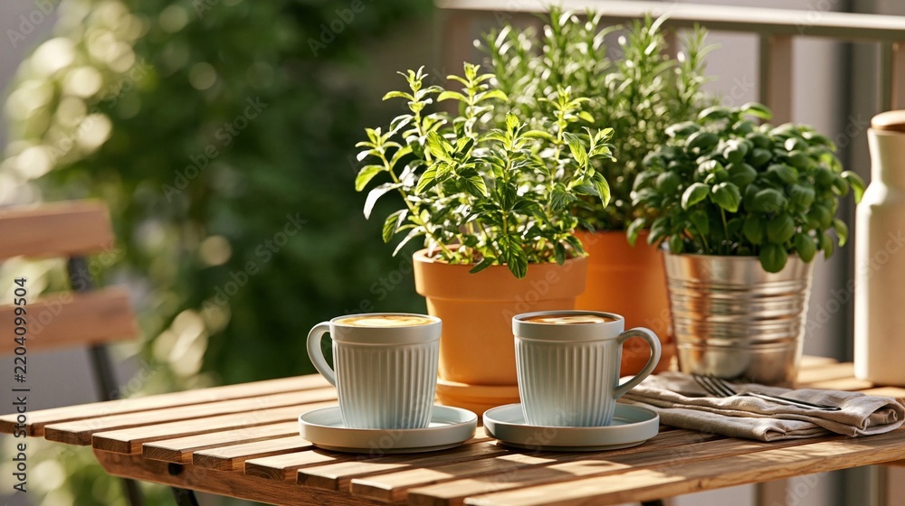 Fototapeta premium Balcony bliss with coffee and plants