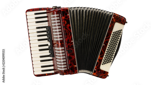 Red tortoiseshell accordion with white keys and black buttons, isolated on transparent background