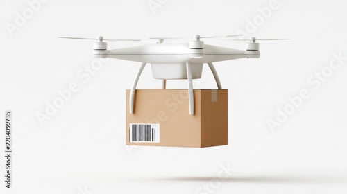Modern White Delivery Drone Carrying a Cardboard Box with Barcode, Isolated on a White Background