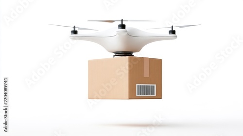 White delivery drone carrying a cardboard box with a barcode, isolated on a white background.