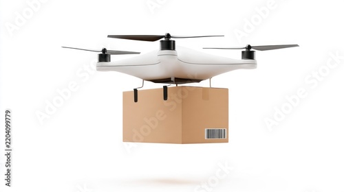 White delivery drone carrying a cardboard parcel package isolated on white background, future logistics concept