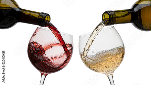 Dark green bottles pouring red and white wine into crystal glasses, isolated on transparent background