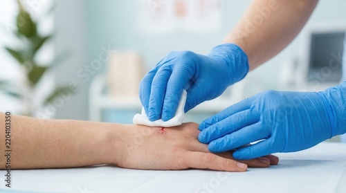 Doctor wearing blue gloves using sterile gauze to clean a wound on a patient's hand.