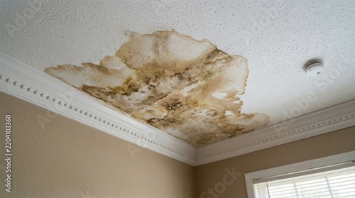 Large brown water damage stain on a white ceiling from a leaking roof.