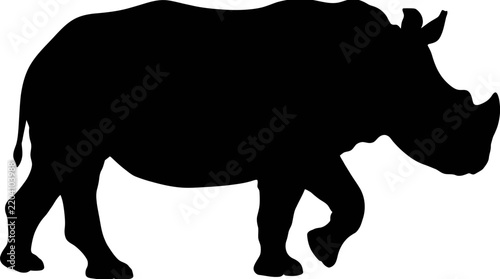 Black rhinoceros silhouette stands against a white background depicting a large mammal profile
