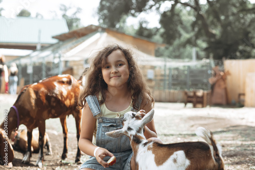 Cute little girl feeds a small goat in a rural farm setting