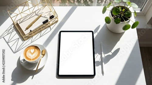 Modern Minimalist Workspace with Blank Tablet Mockup and Coffee