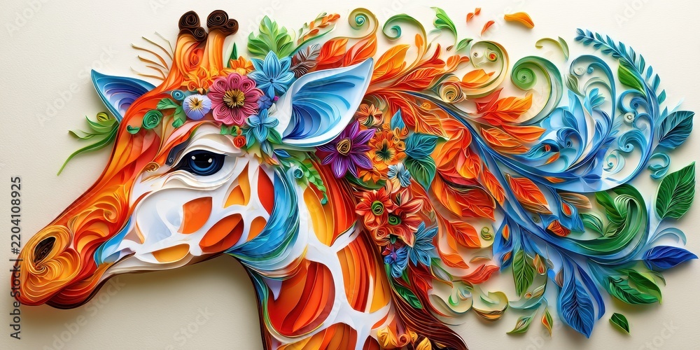 Obraz premium Animal Portrait Paper Quilling Concept. Colorful artistic giraffe head adorned with intricate floral and leaf patterns.