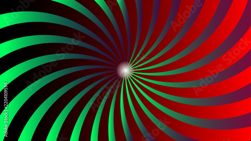 Vibrant abstract red and green spiral ray background with glowing center