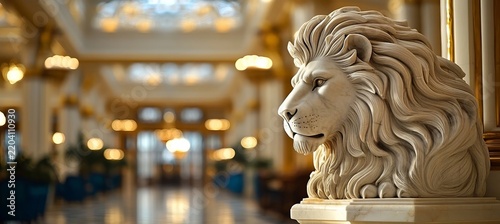 Close up shot of a majestic white marble lion statue centerpiece in a luxurious grand hotel lobby.