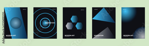 Set of 5 dark sci-fi abstract minimal posters with blue geometry