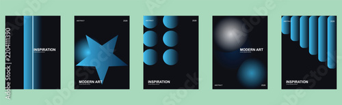 Set of 5 dark abstract minimal posters with blue 3D geometry