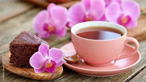 A slice of chocolate cake and a cup of tea are beautifully presented with pink orchids.