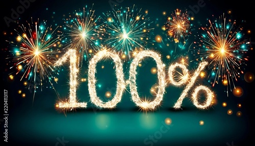 Bright Silver Glittering 100 Percent Symbol Sparked By Festive Fireworks On Dark Emerald Background