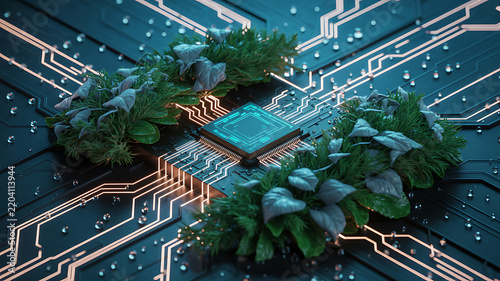 A computer processor chip integrated with green plants and leaves, featuring glowing circuit board lines on a dark background, representing green technology and sustainable computing concepts