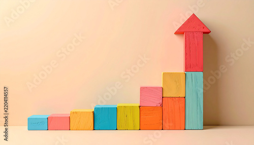 Upward pointing arrow built from colourful stacked blocks in bright minimal studio scene generative AI