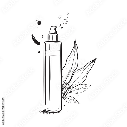 Cosmetic bottle with leaf and bubbles black line drawing on white