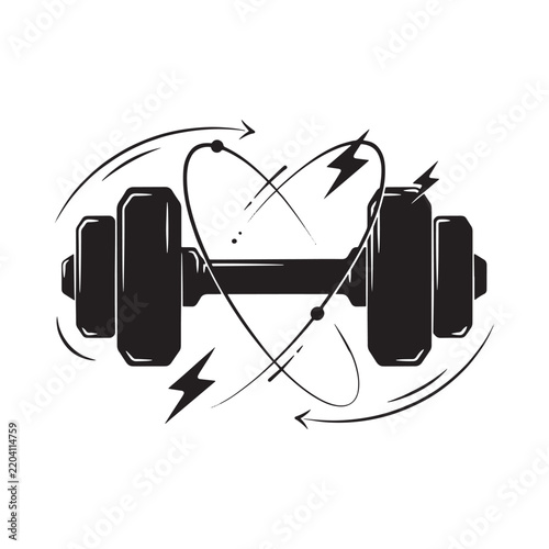 Black silhouette of a barbell with orbiting energy lines on a white background