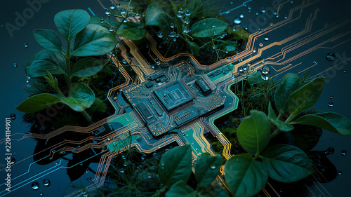 A detailed electronic circuit board with a central processor chip, surrounded by lush green leaves and water droplets, representing eco-friendly technology and sustainable hardware