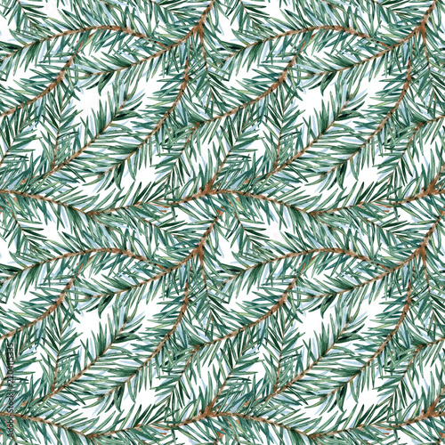 Watercolor seamless pattern with green fir branches on white background. Hand drawn illustration for winter holidays, Christmas wrapping paper, festive fabrics, and botanical wallpaper design