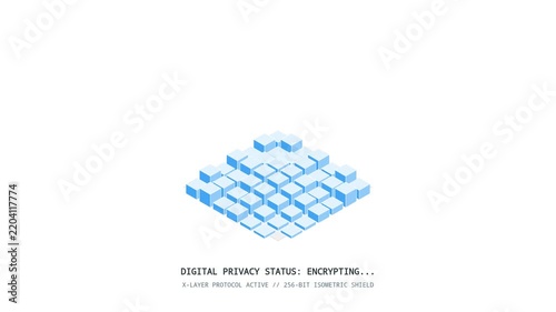 Isometric cyber security shield protecting digital data blocks