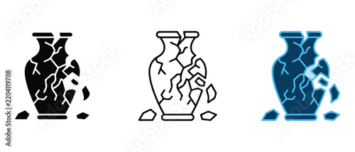 Broken vintage vase illustrations showing cracked ceramic pottery with different artistic line styles and color fills