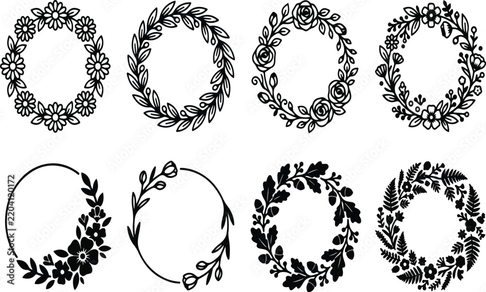 Fototapeta premium Set of 8 Hand-Drawn Botanical Floral Wreaths and Leafy Laurels, Black and White Silhouette and Line Art Circle Frames for Wedding Invitations, Logos, and 2026 Greeting Cards 